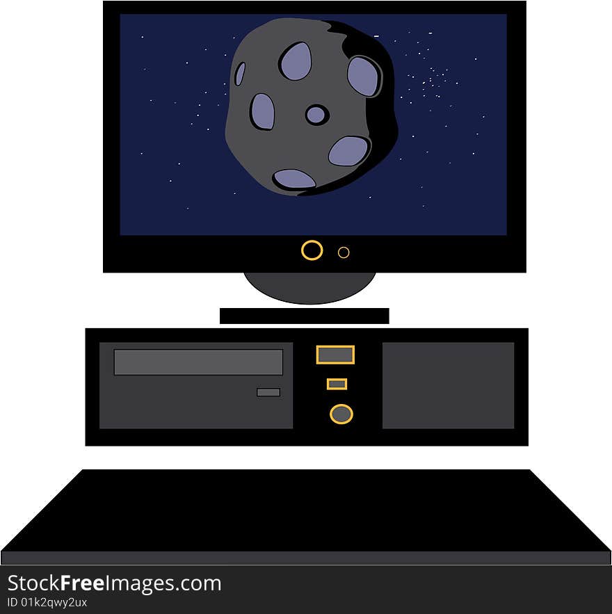 Space and the computer, asteroid in a space, a picture on the monitor.