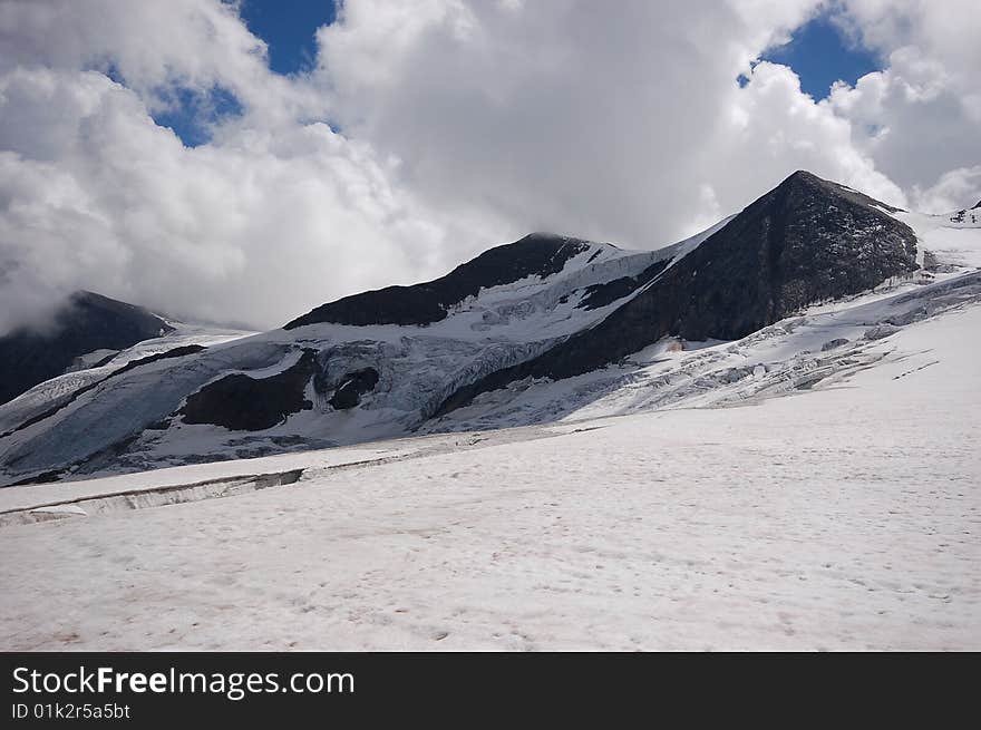 High mountain and glacier with cracks. High mountain and glacier with cracks