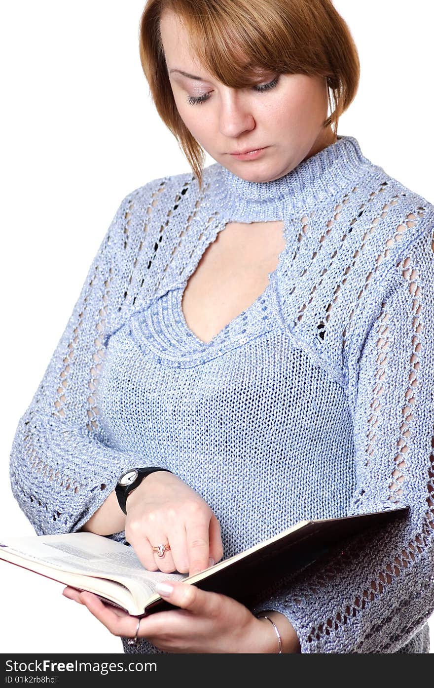 Woman reading book on white