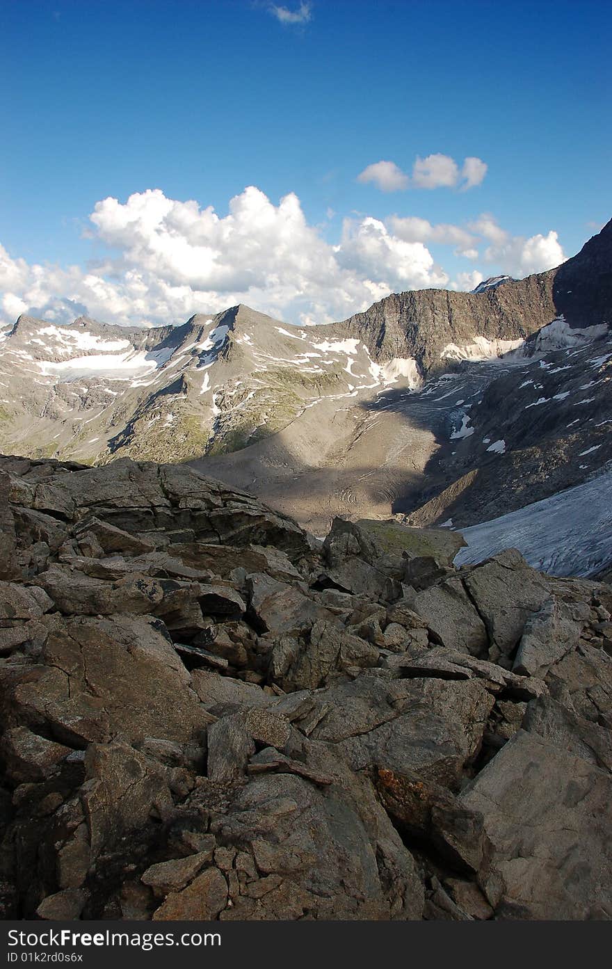 High mountain and glacier with cracks. High mountain and glacier with cracks