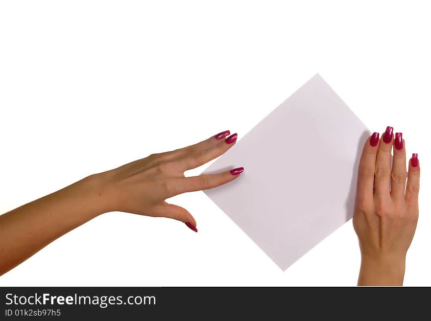 Female hand on a white background