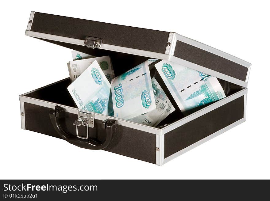 Small black suitcase with money for a white background