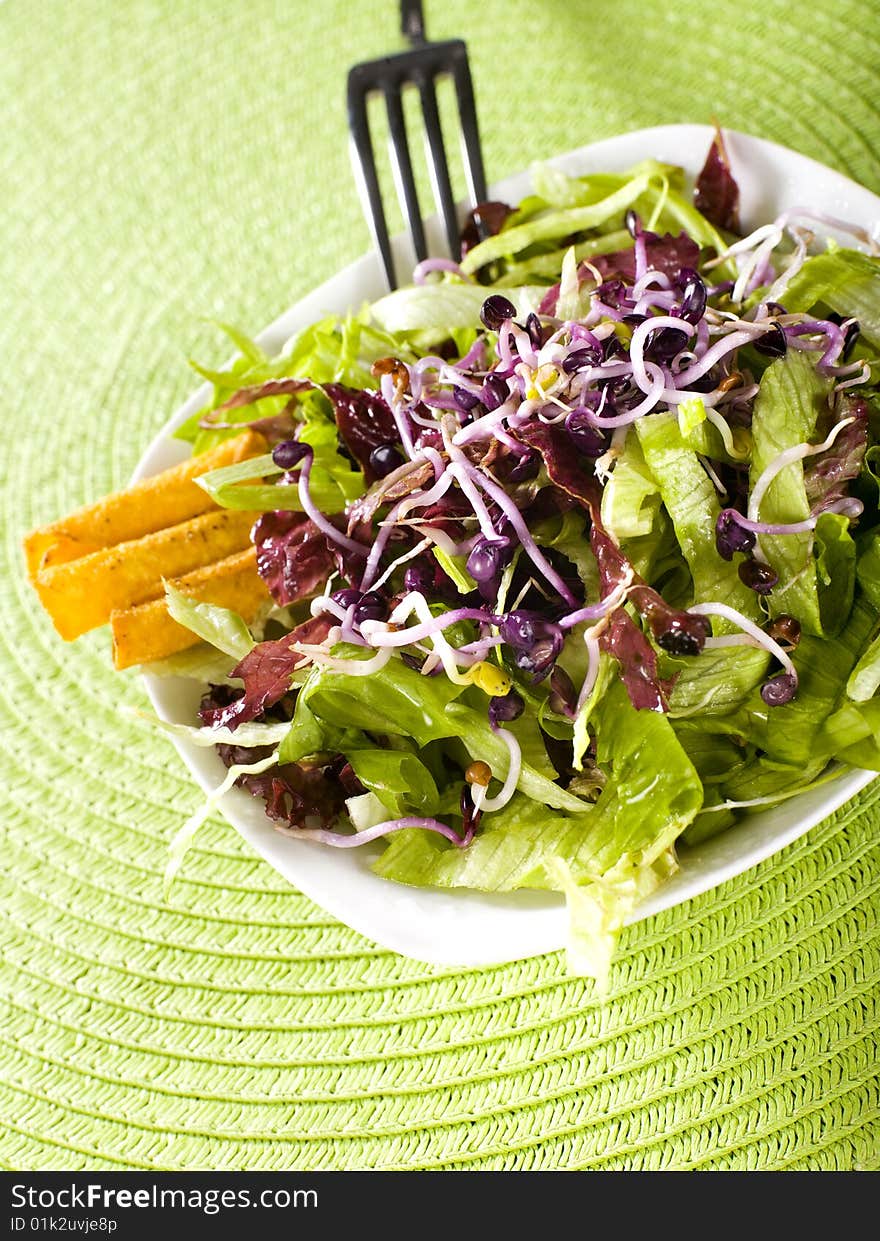 Fresh salad with fork and green cover