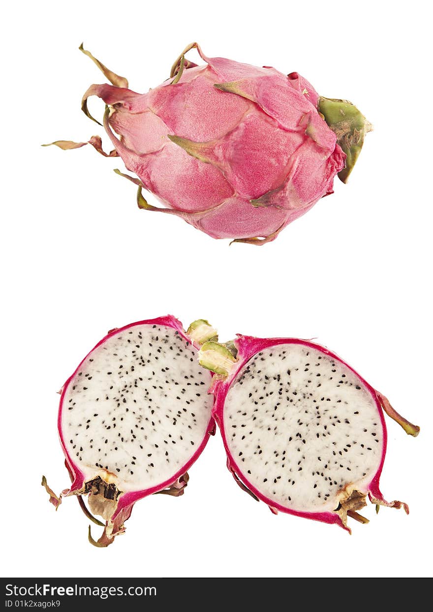 Pink pitahaya (dragon-fruit) on a white.