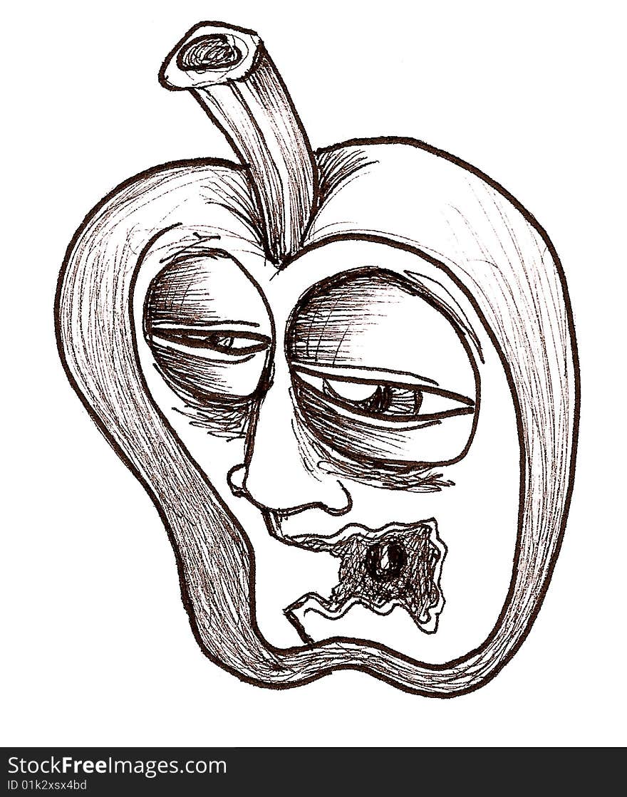 Black and white ink drawing of a personified apple. Black and white ink drawing of a personified apple