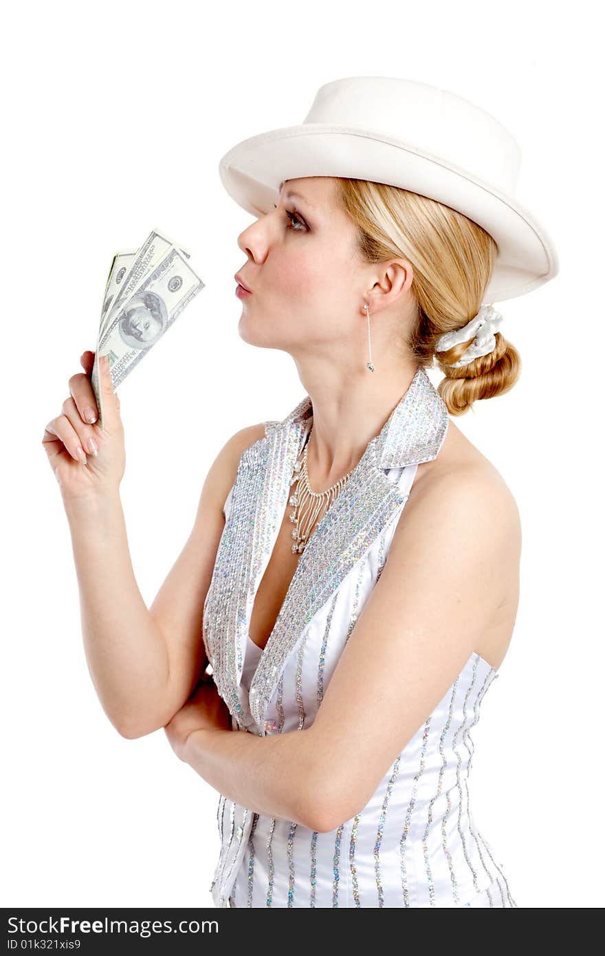 Young pretty woman in white hat and striped suit with money in hand