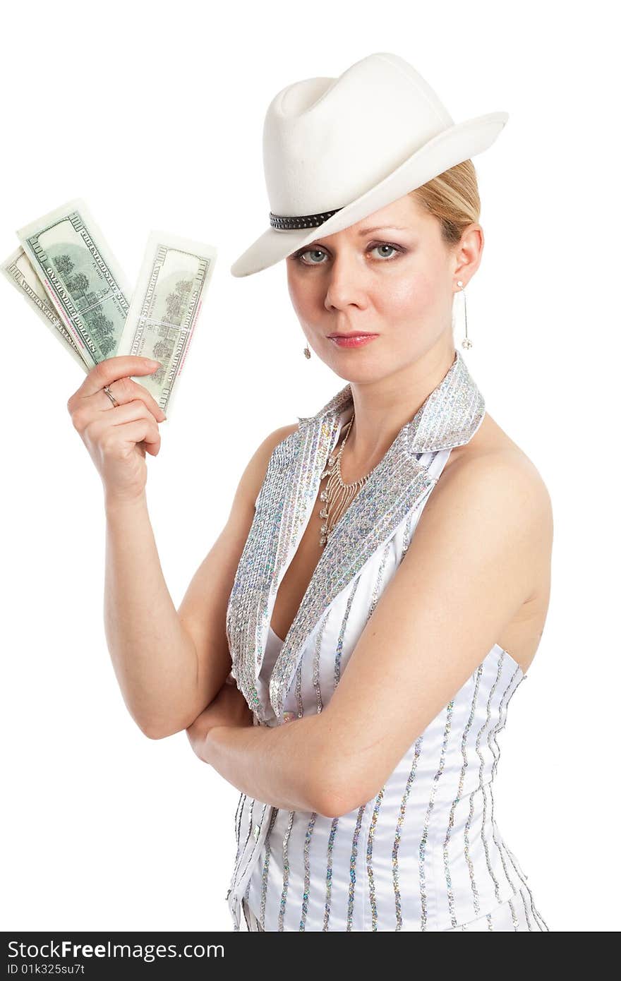 Young pretty woman in white hat and striped suit with money in hand