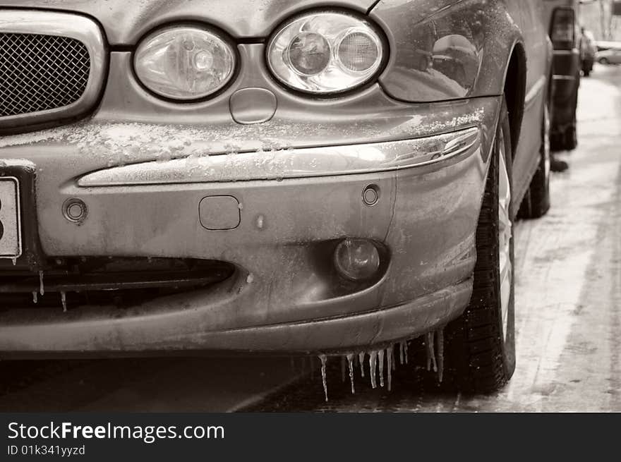 Ice on a frozen car. Ice on a frozen car