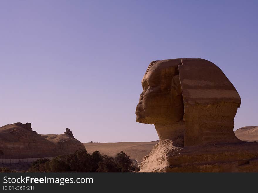 Statue of the sphinx form profile in low light