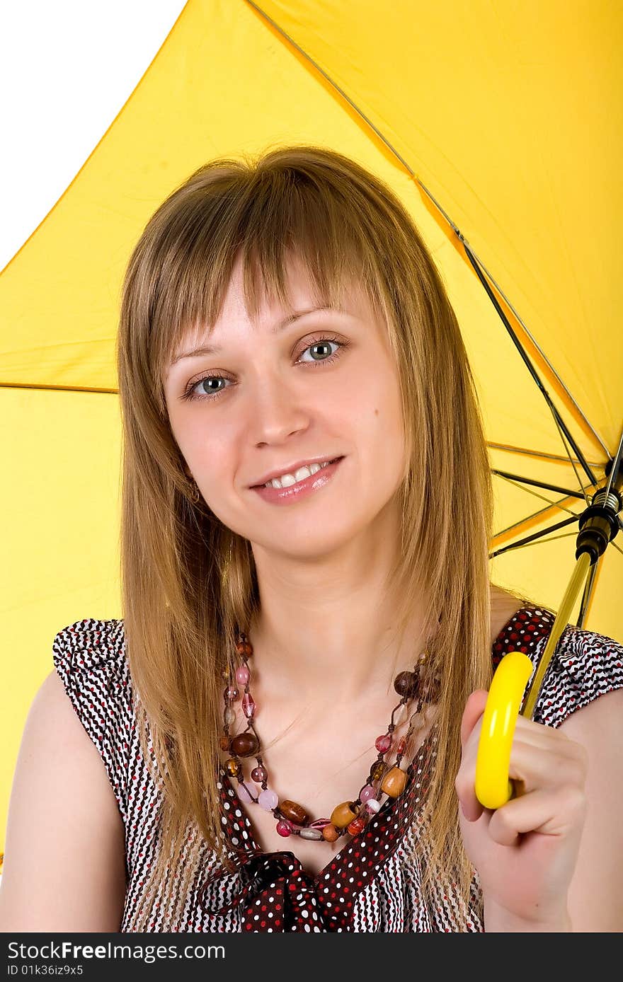 Beautiful woman with yellow umbrella on white background. Beautiful woman with yellow umbrella on white background