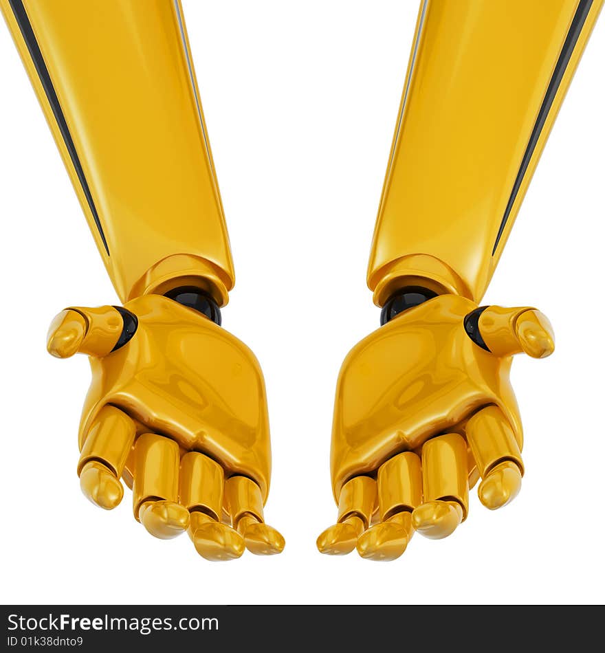 Golden robotic palms turned up. Including clipping path. Golden robotic palms turned up. Including clipping path