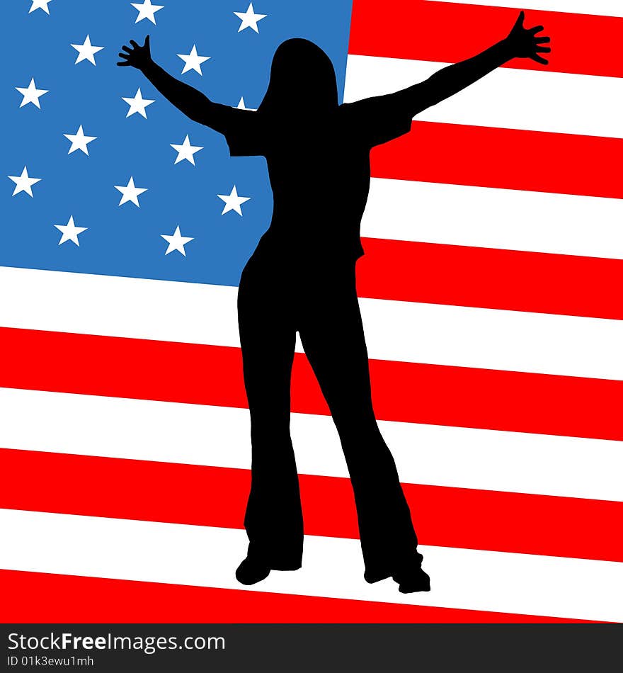 Standing women silhouette on american flag background