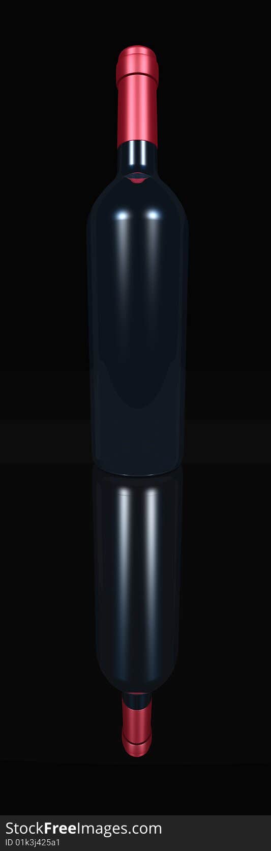 A standing wine bottle reflected on a dark background. A standing wine bottle reflected on a dark background