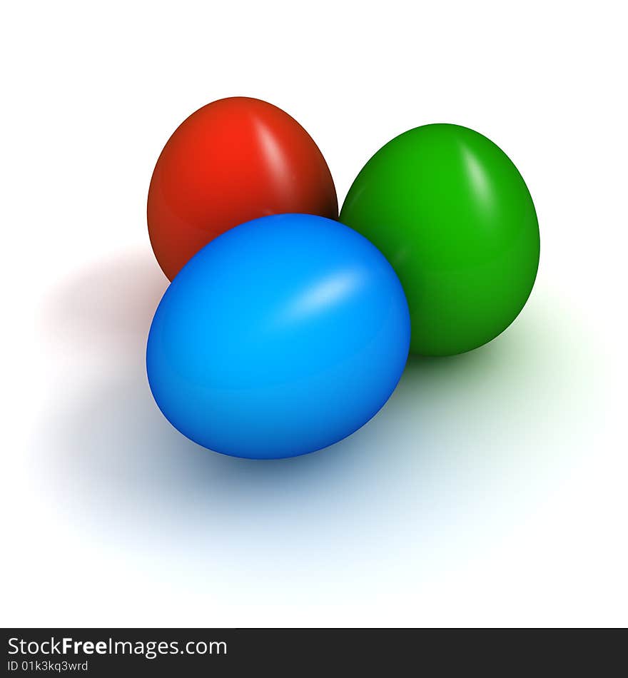 3D Render Group of easter eggs of three colors (red, green and blue). 3D Render Group of easter eggs of three colors (red, green and blue)