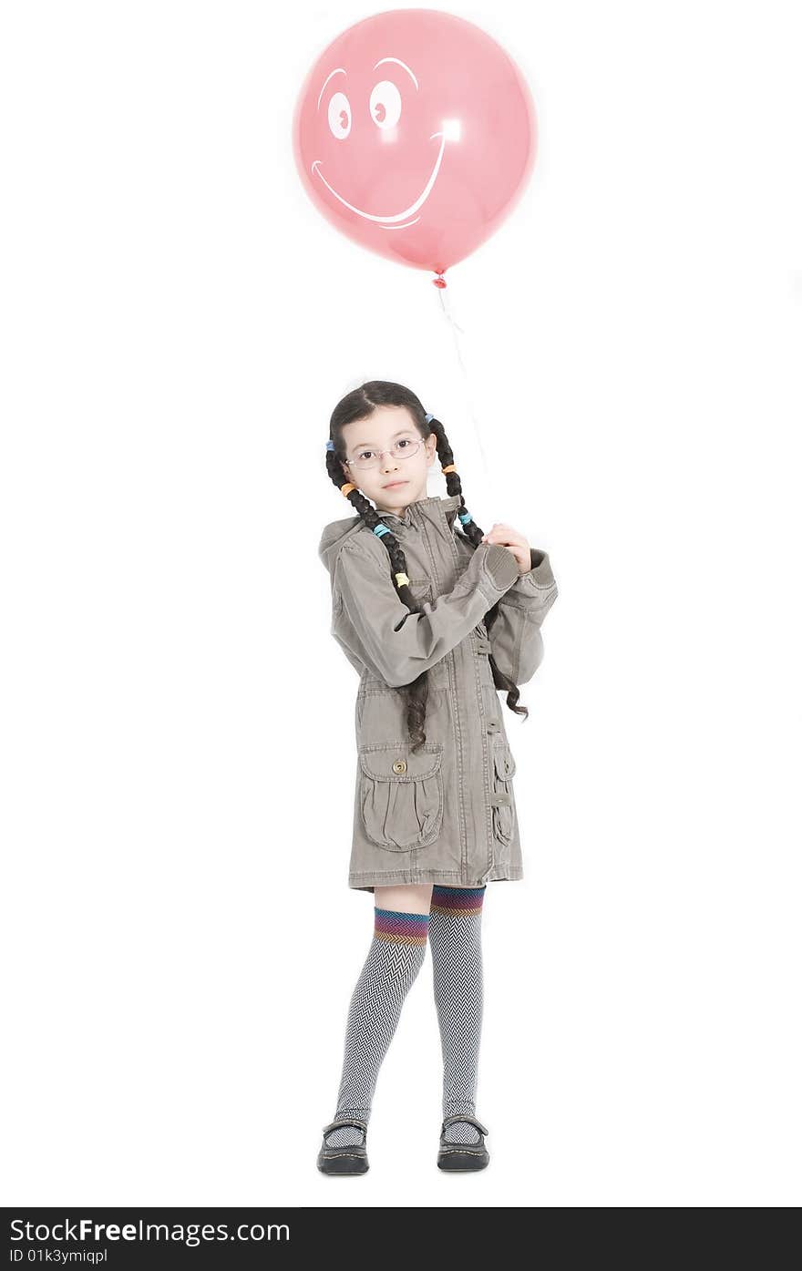 Beautiful girl with pink balloon over white