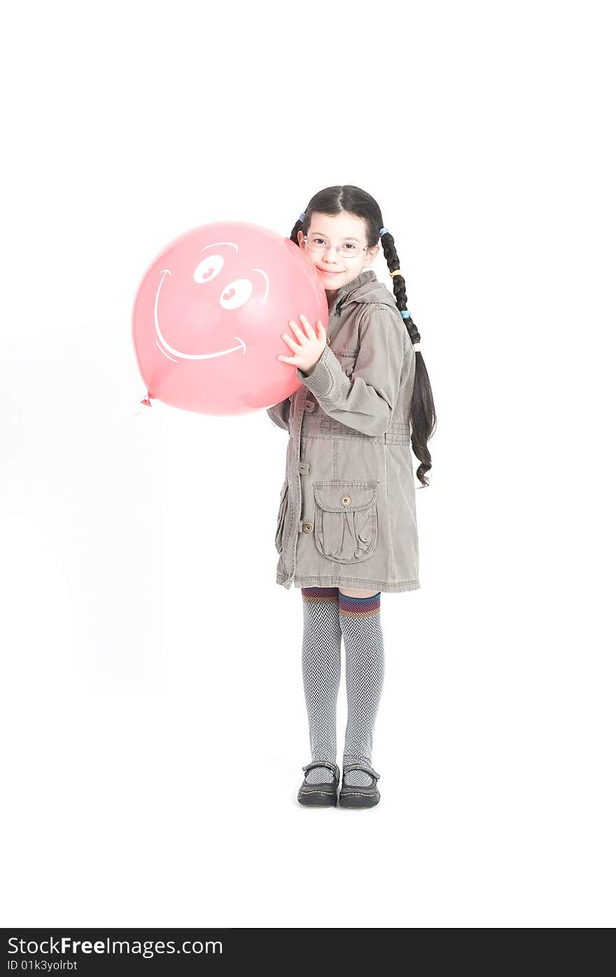 Beautiful girl with pink balloon over white