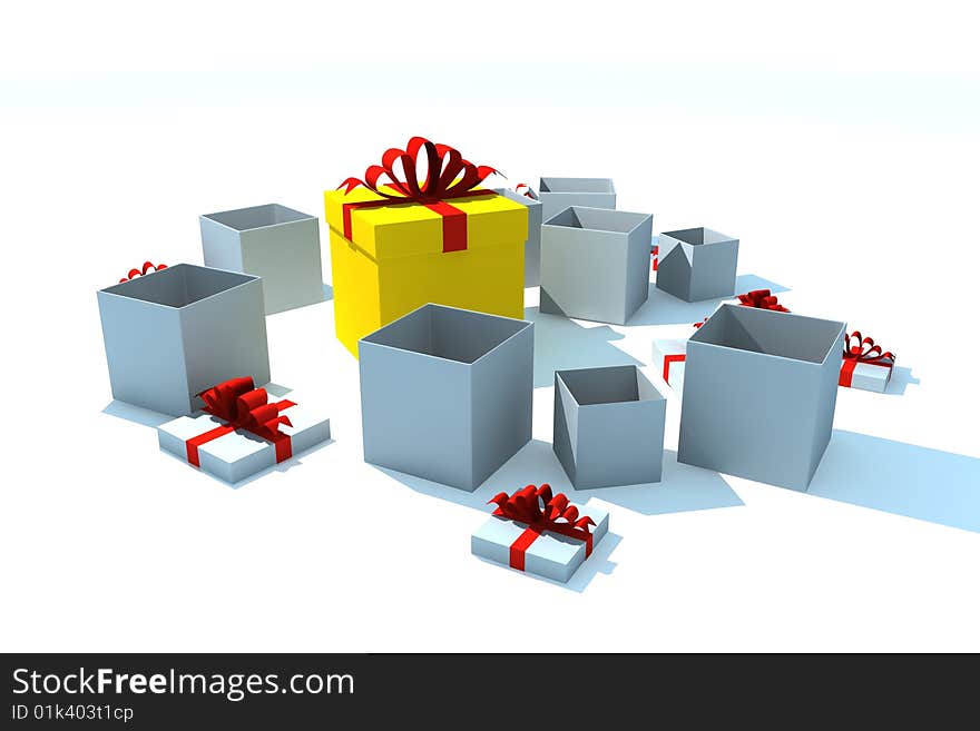 Gift boxes - 3d isolated illustration on white. Gift boxes - 3d isolated illustration on white