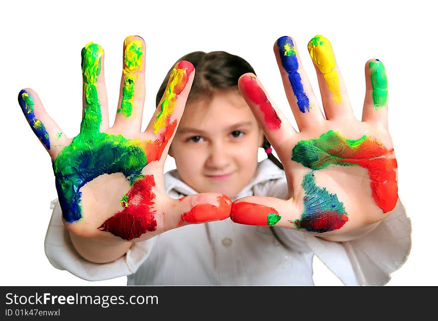 Little girl with hands dirty with paint. Little girl with hands dirty with paint