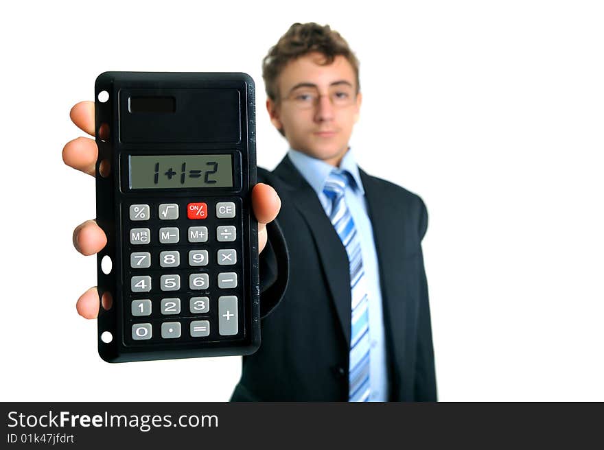 Young businessman holding calculator with elementary proplem. Young businessman holding calculator with elementary proplem