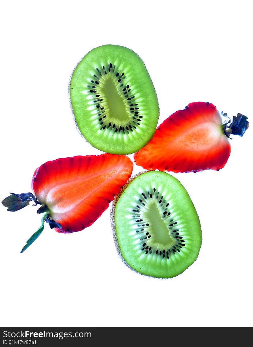 Two slices of strawberry and two of kiwi, isolated on white. Two slices of strawberry and two of kiwi, isolated on white