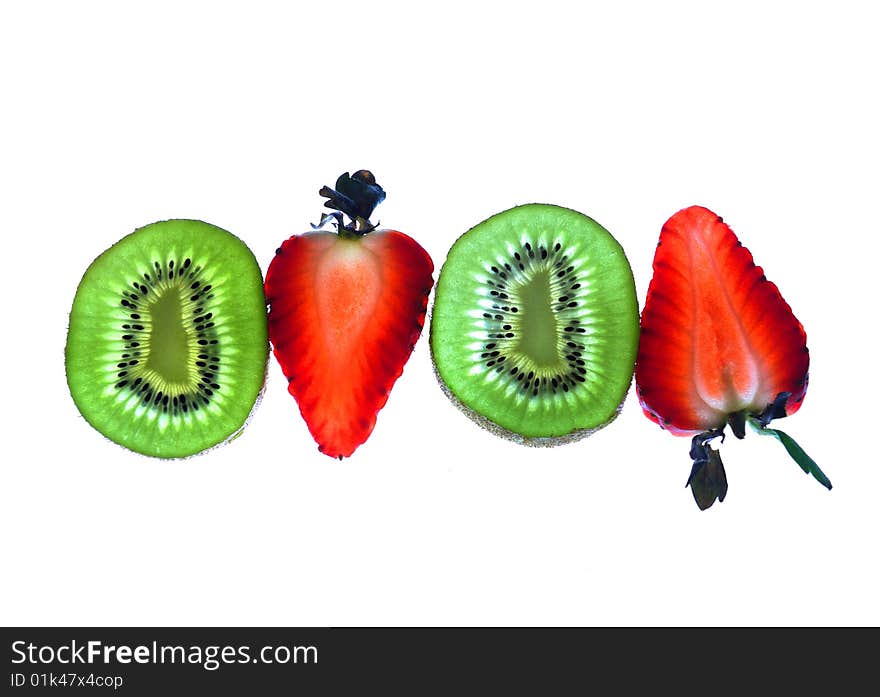 Two slices of strawberry and two of kiwi, isolated on white. Two slices of strawberry and two of kiwi, isolated on white