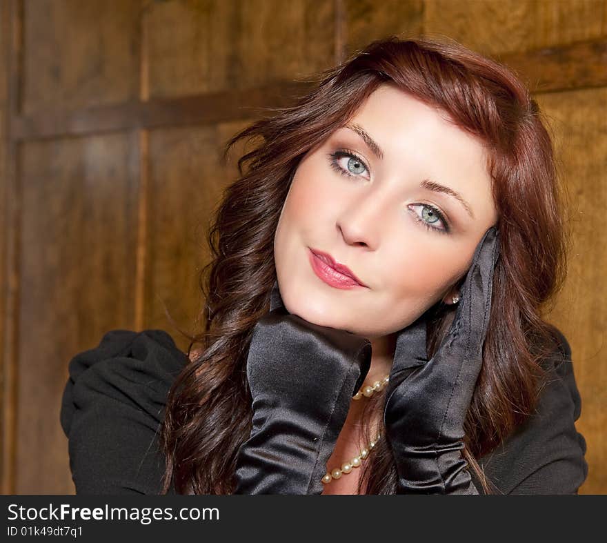 Woman dress formally in gloves and pearls. Woman dress formally in gloves and pearls