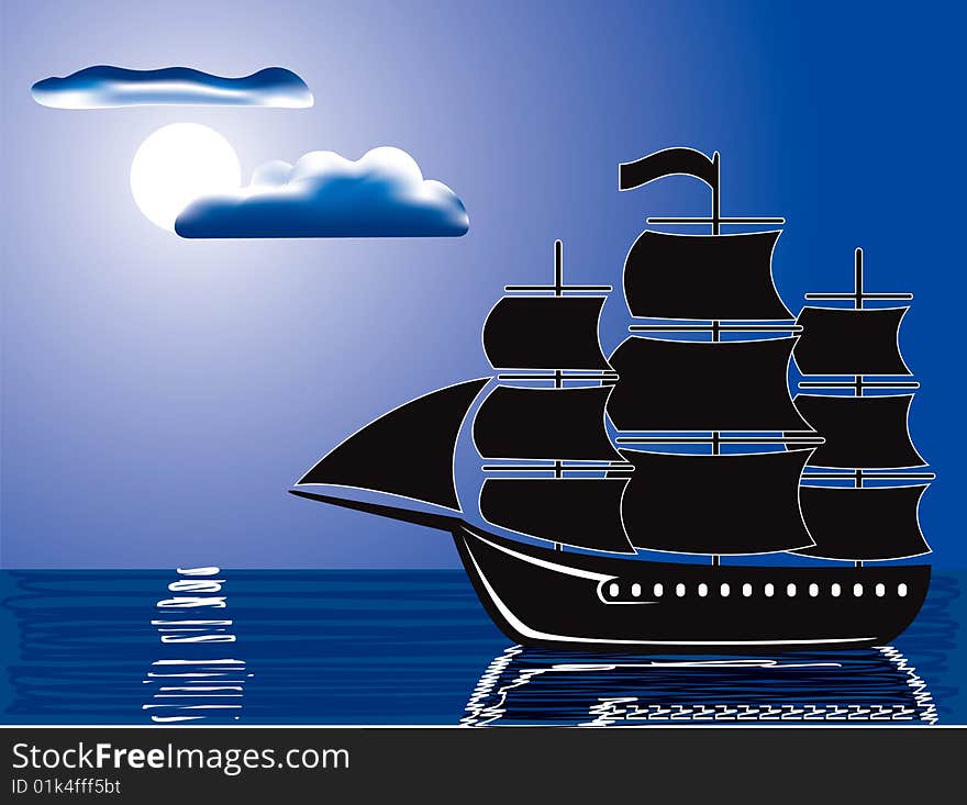 Vector illustration of a silhouette of sailing ship illuminated by full moon. Vector illustration of a silhouette of sailing ship illuminated by full moon