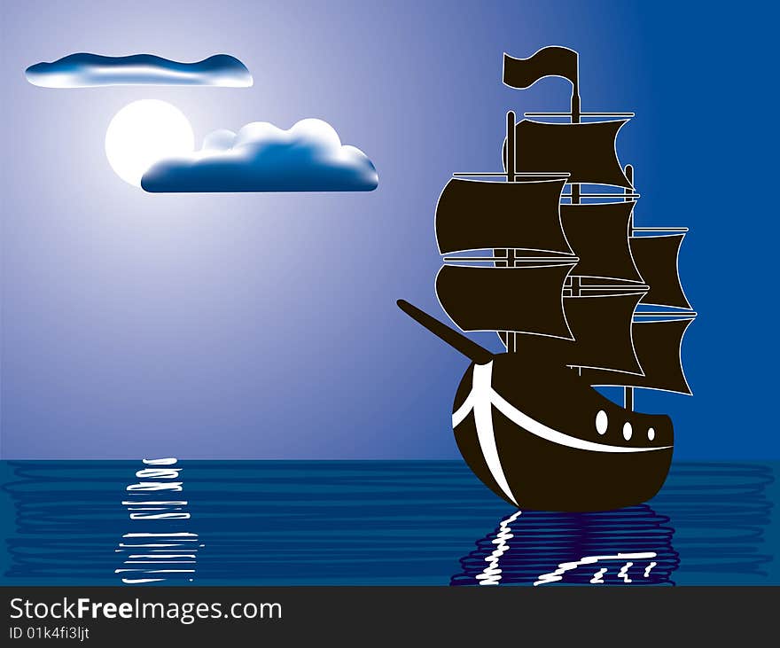 Vector illustration of a silhouette of sailing ship illuminated by full moon. Vector illustration of a silhouette of sailing ship illuminated by full moon