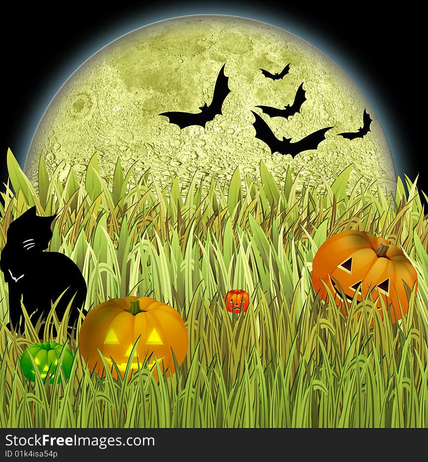 Halloween with moon, cat,bats and pumpkins