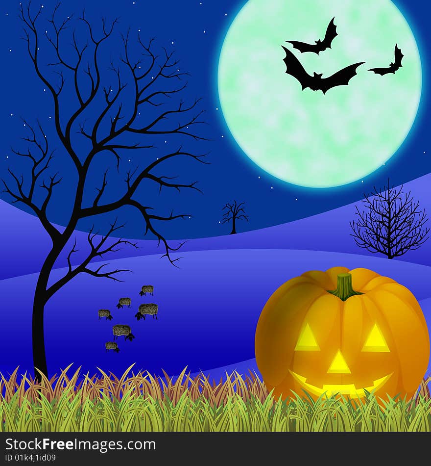 Halloween with moon,bats and pumpkins also sheep