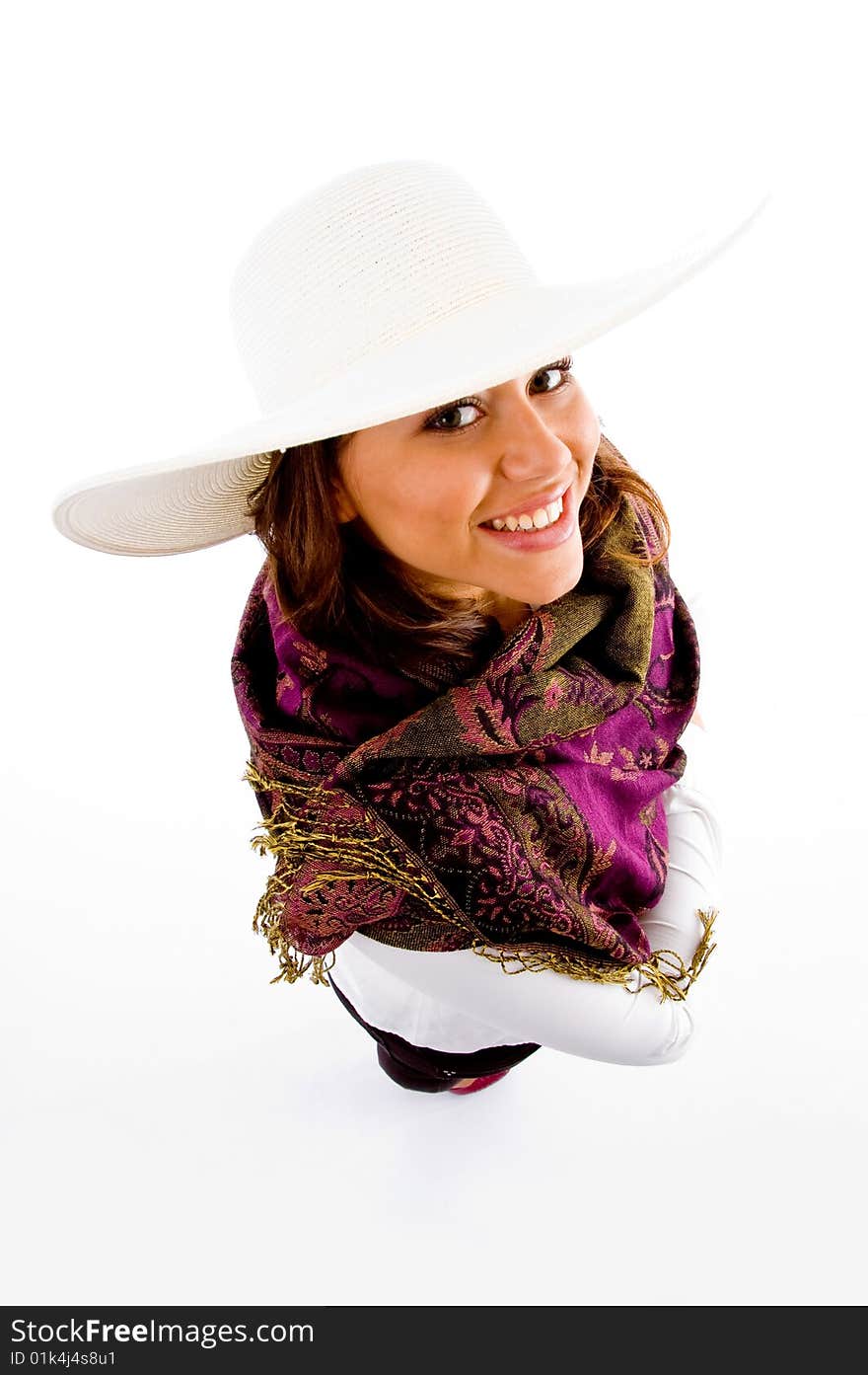 High angle view of woman looking at camera on an isolated white background