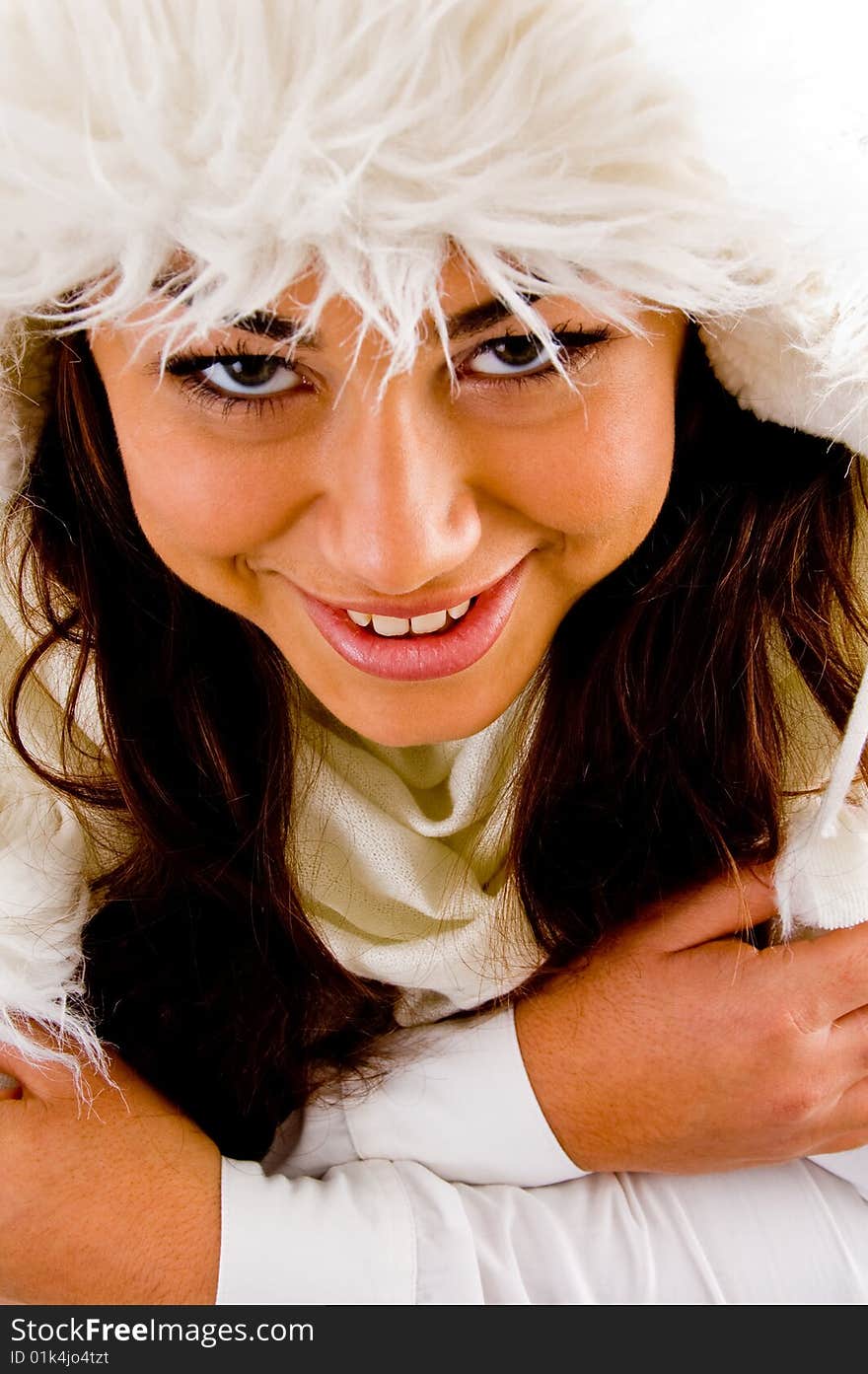 Shivering woman looking upward on an isolated white background