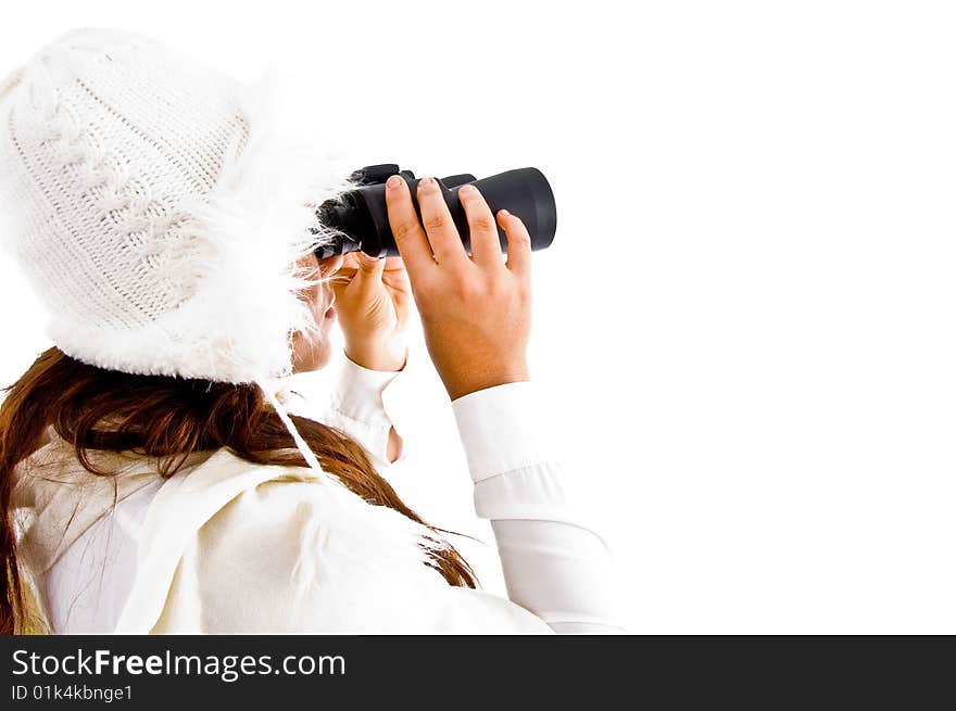 Back pose of female holding binocular with white background