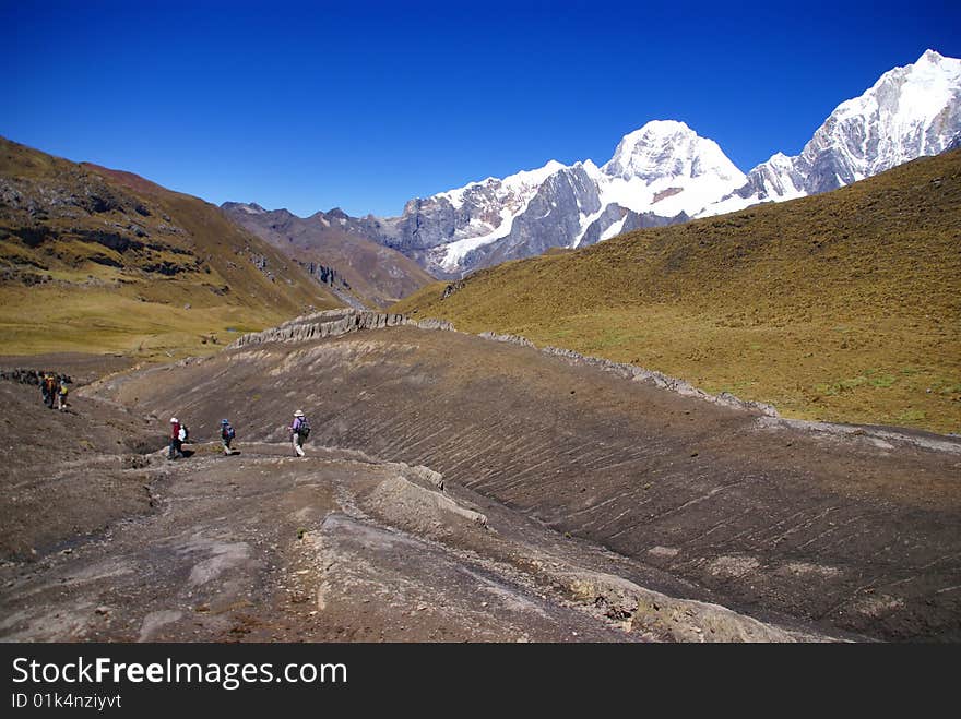 Hikers on trail in high Andes