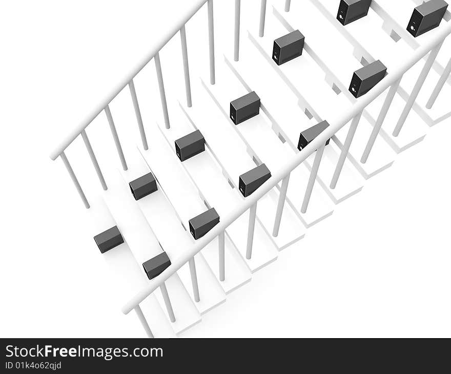 Isolated three dimensional cpu on stairs on an isolated white background. Isolated three dimensional cpu on stairs on an isolated white background