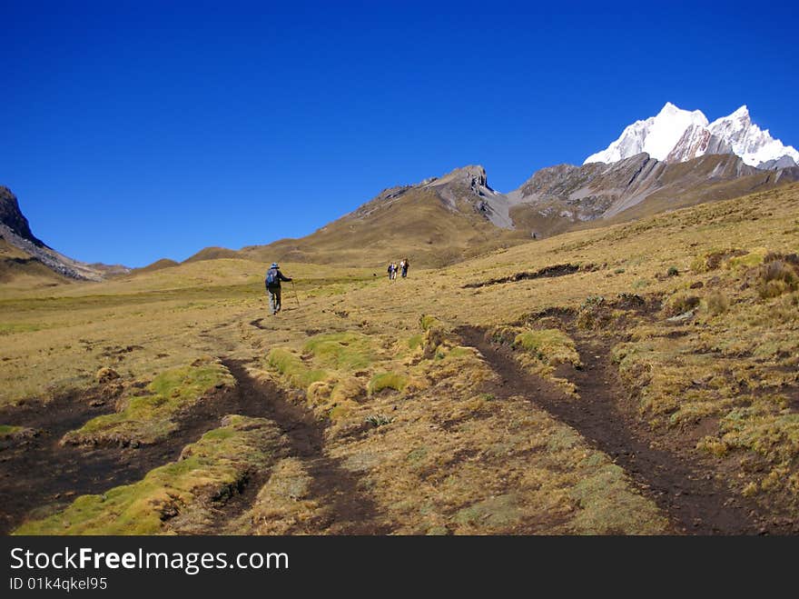 Hikers on trail in high Andes