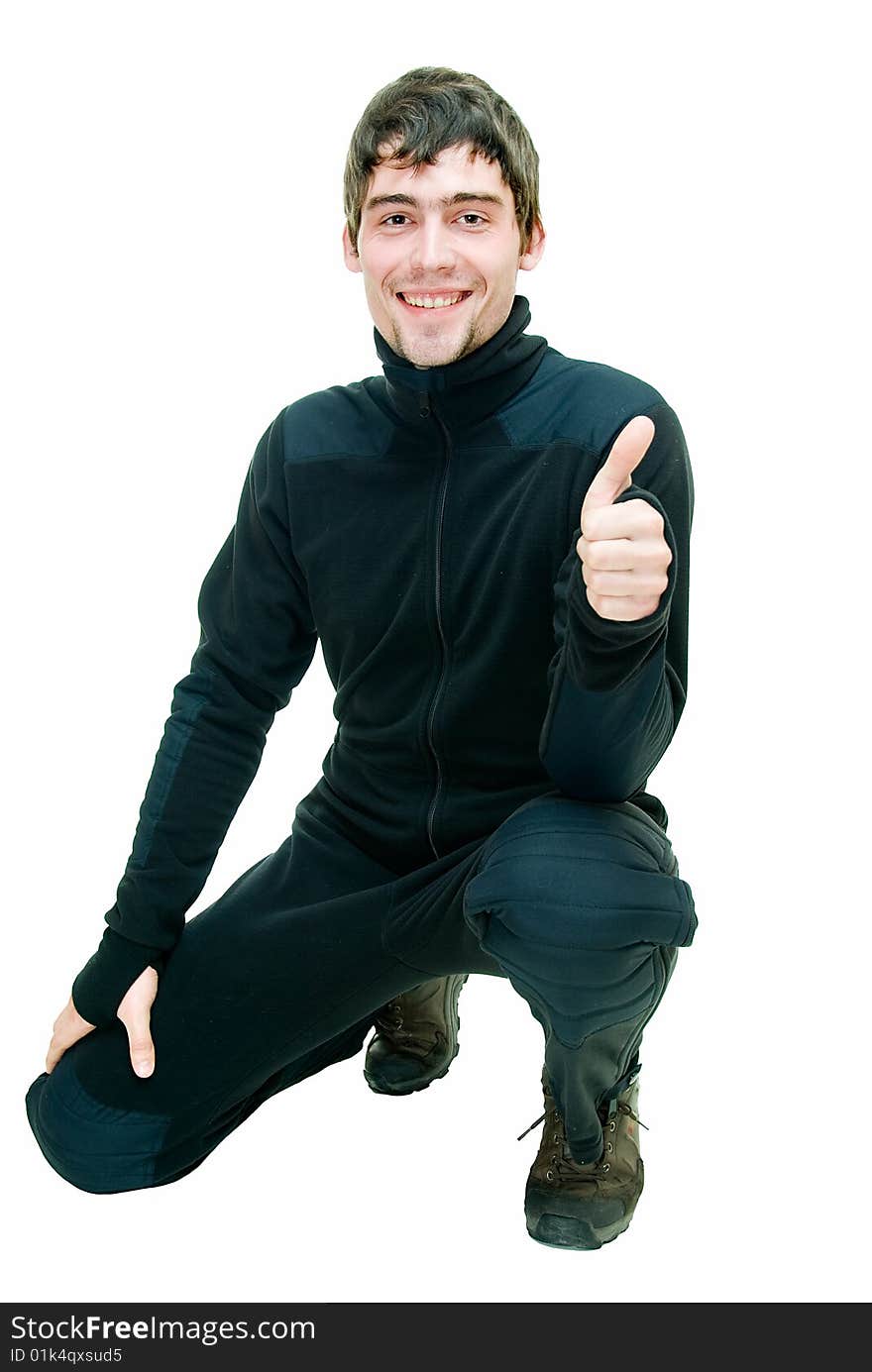 Young sympathetic man in suit for flight on hang-glider