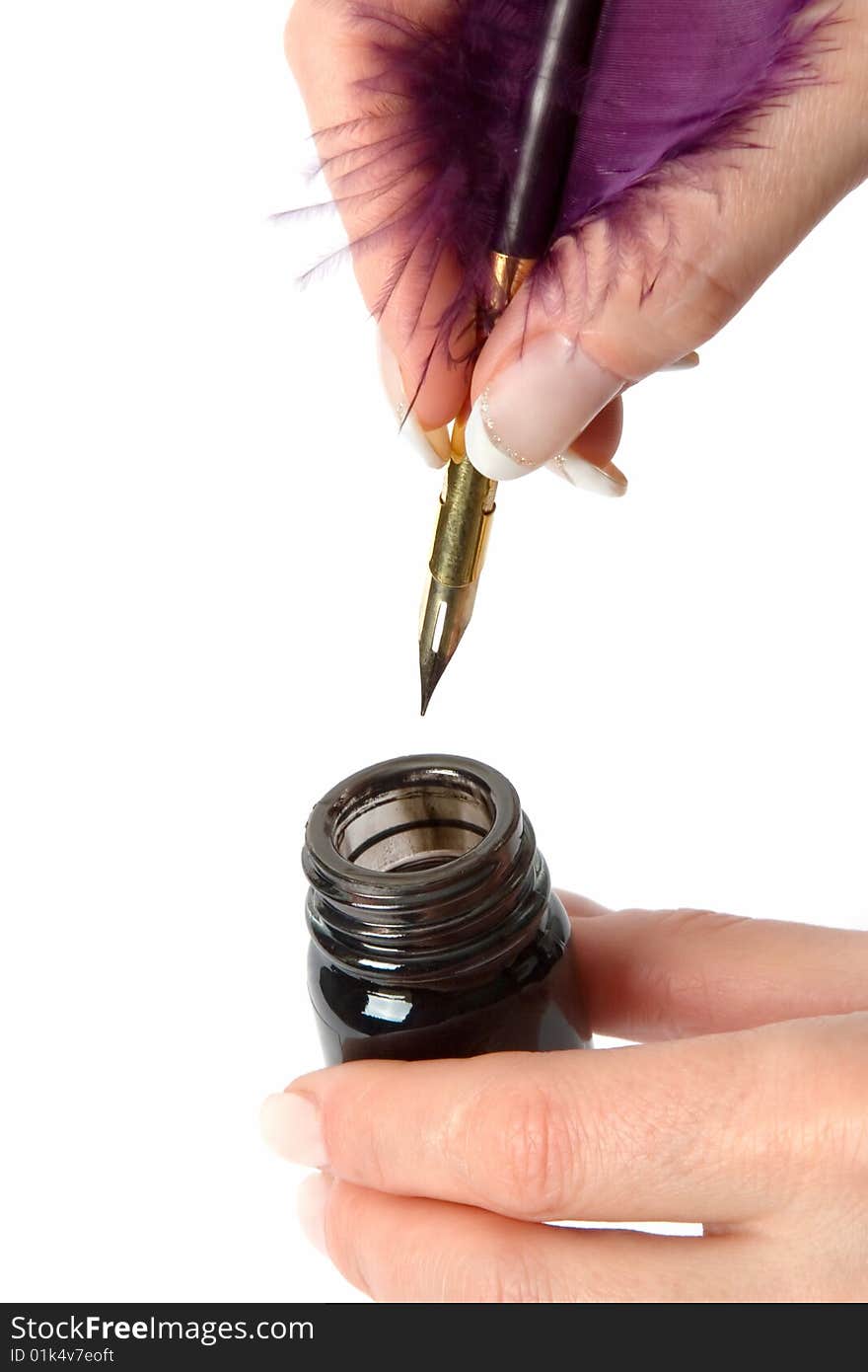 Hands with feather and inkwell