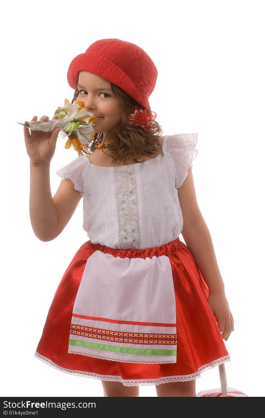 Little girl in a red dress with a bouquet of flowers in their hands. Little girl in a red dress with a bouquet of flowers in their hands