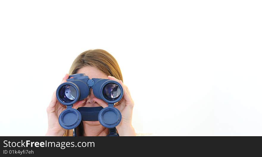 Girl looking through big blue binoculars. Girl looking through big blue binoculars