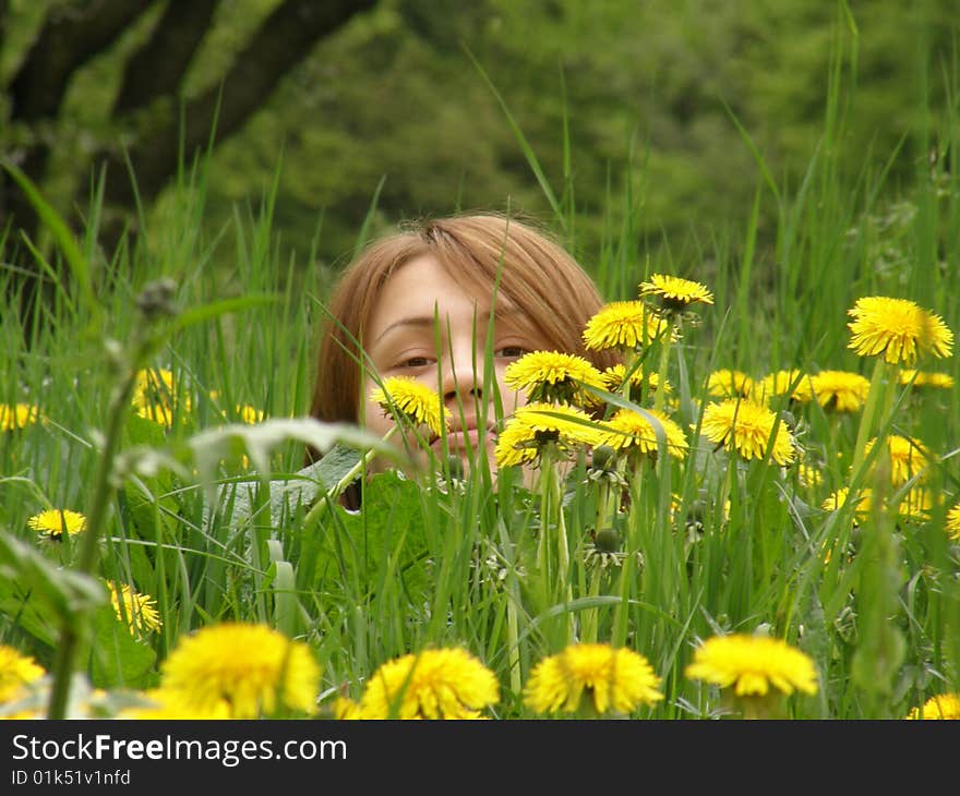 Girl on the field from dandelions