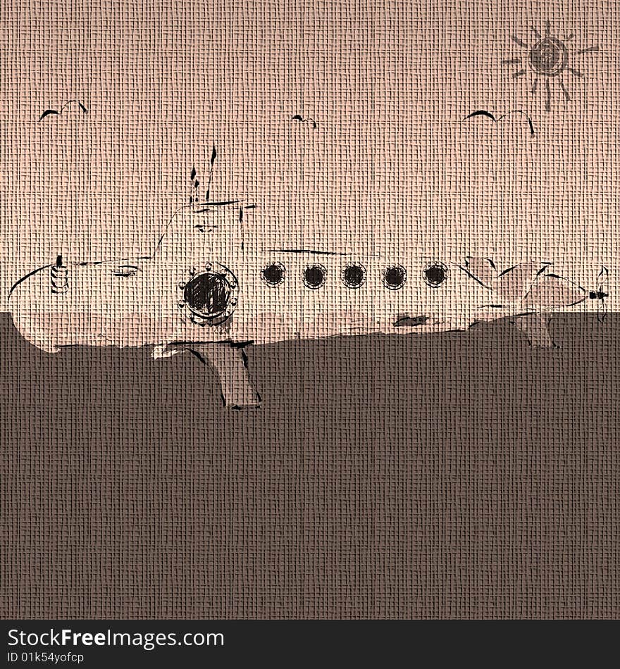 Abstract submarine sketch made on textured canvas