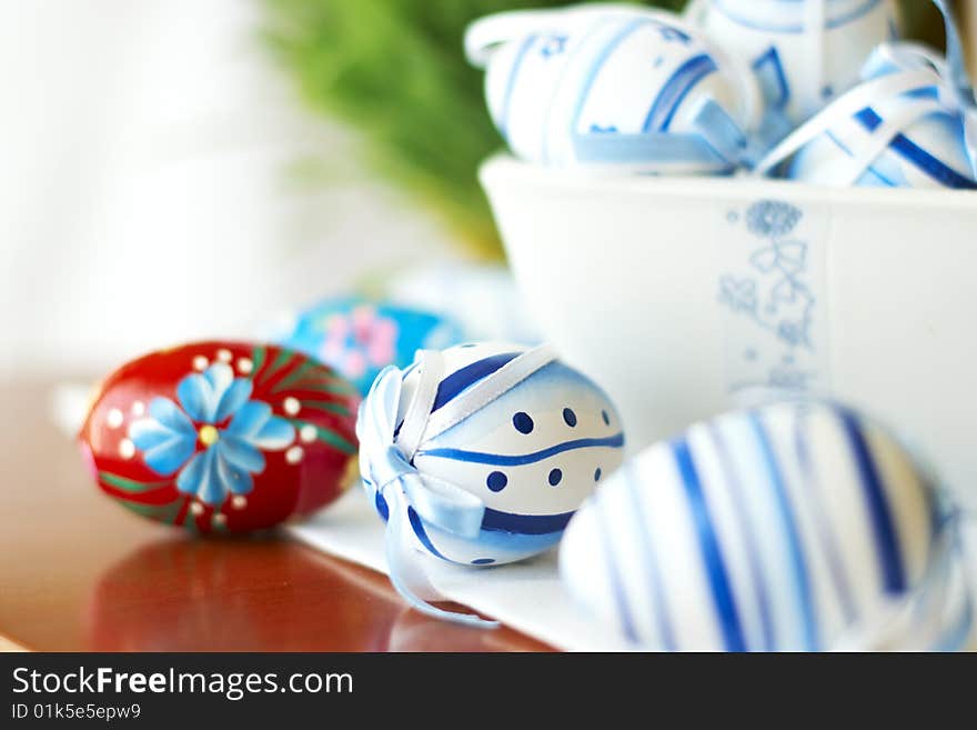 Table with painted easter eggs. Table with painted easter eggs