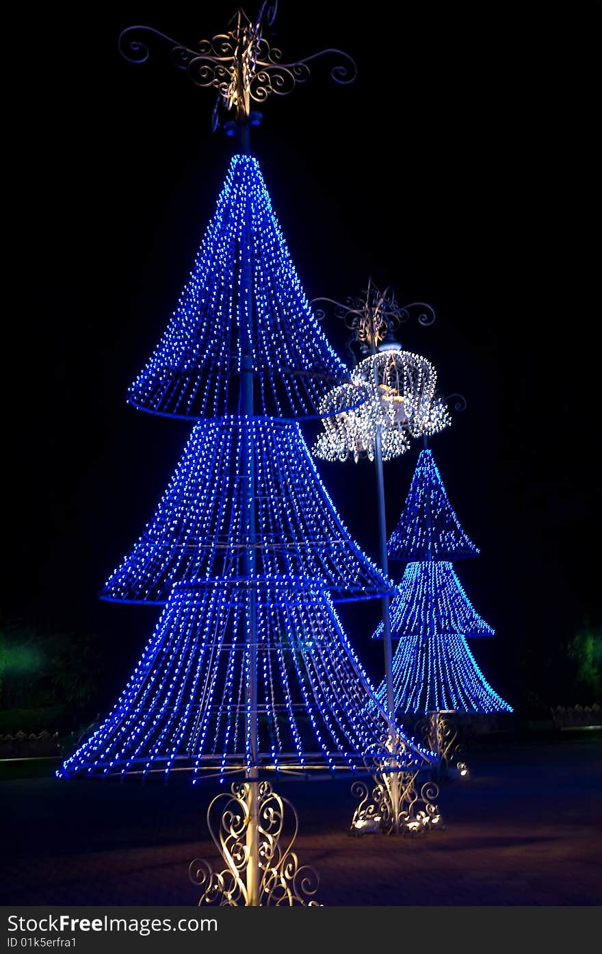 Blue christmas trees against an dark background