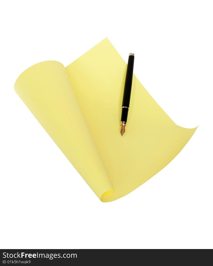 Nice yellow papery sheet with fountain pen isolated on white. Nice yellow papery sheet with fountain pen isolated on white