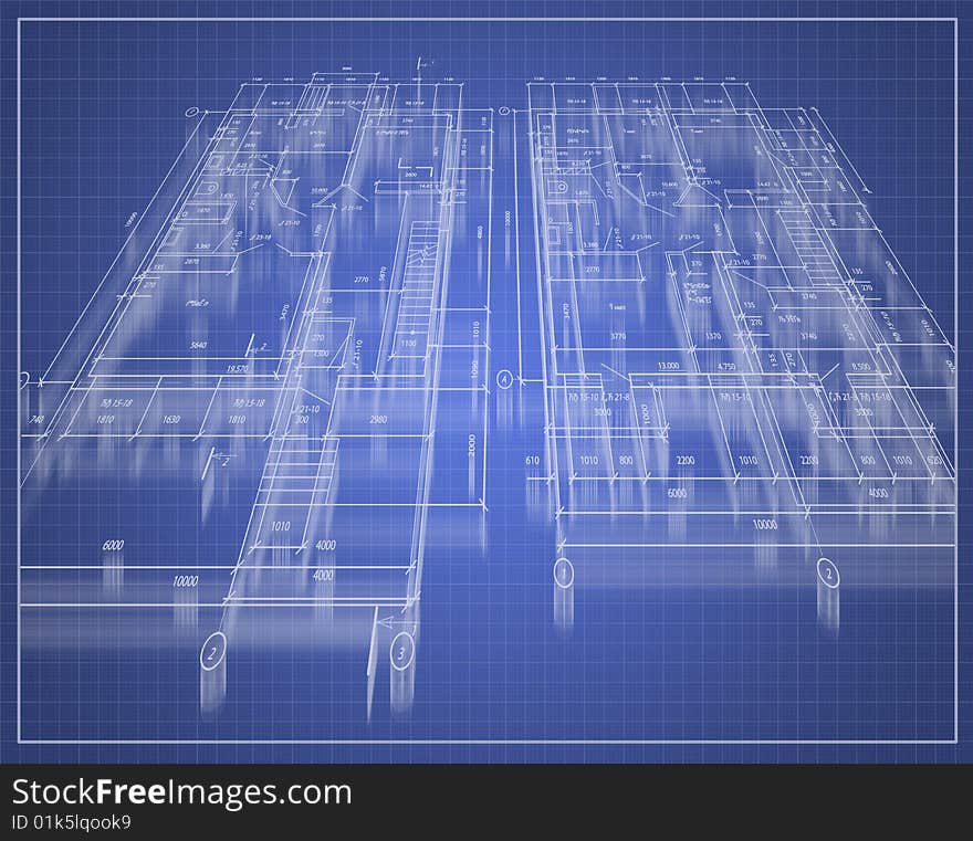 Technical drawing (draft) over a blue background in perspective. Technical drawing (draft) over a blue background in perspective