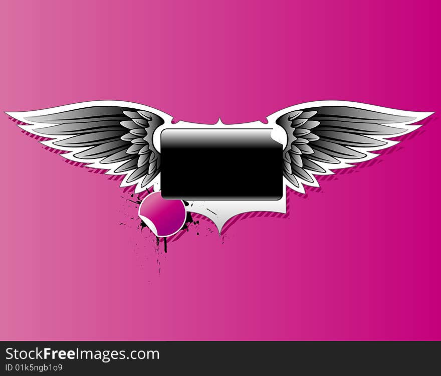 Square shaped glossy banner with silver wings on a pink background. Vector design. Square shaped glossy banner with silver wings on a pink background. Vector design.