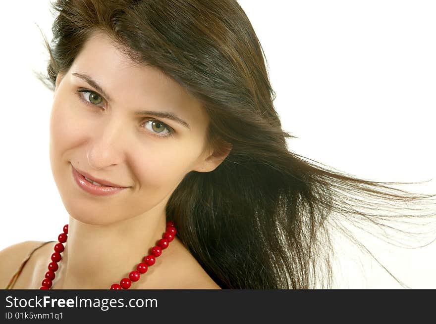 Portrait of young smiling woman on white background. Portrait of young smiling woman on white background