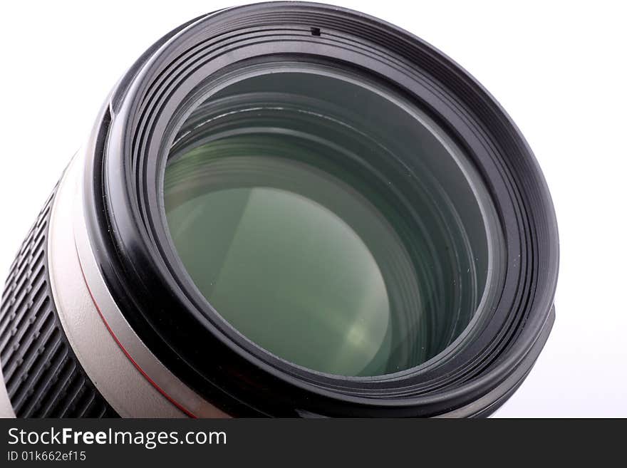 Close-up of a professional camera lens.