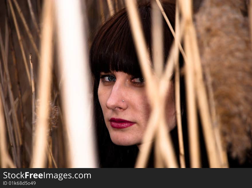 Girl look through the reed. Girl look through the reed